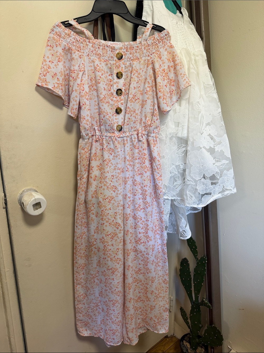 Girls Off-Shoulder Pink Floral romper with Buttons